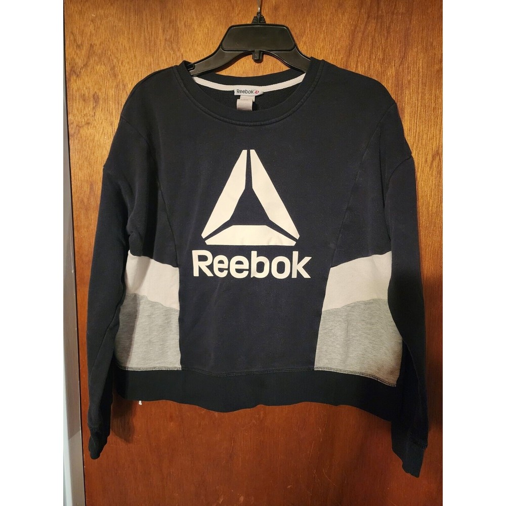 Reebok Grey White Black ColorBlock Women Long Sleeve Sweatshirt Shirt Top VTG